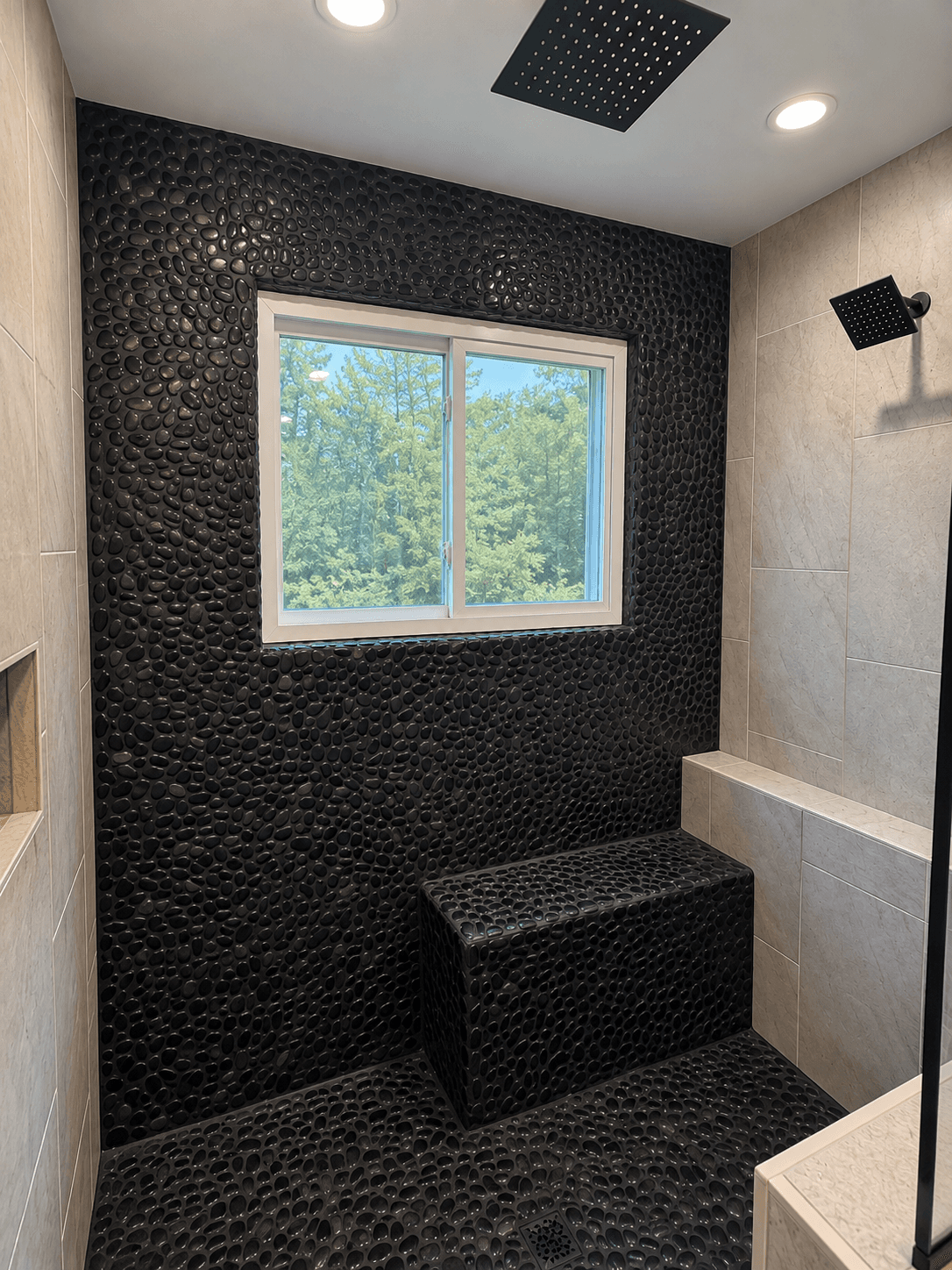 Pebble Tile Shower with Bench
